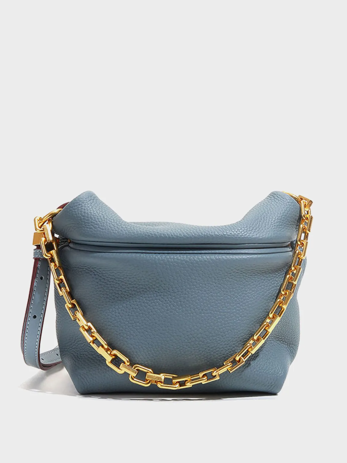 Women's Puffy Small Leather Shoulder Bag Cloud Bucket Pouch Gold Chain