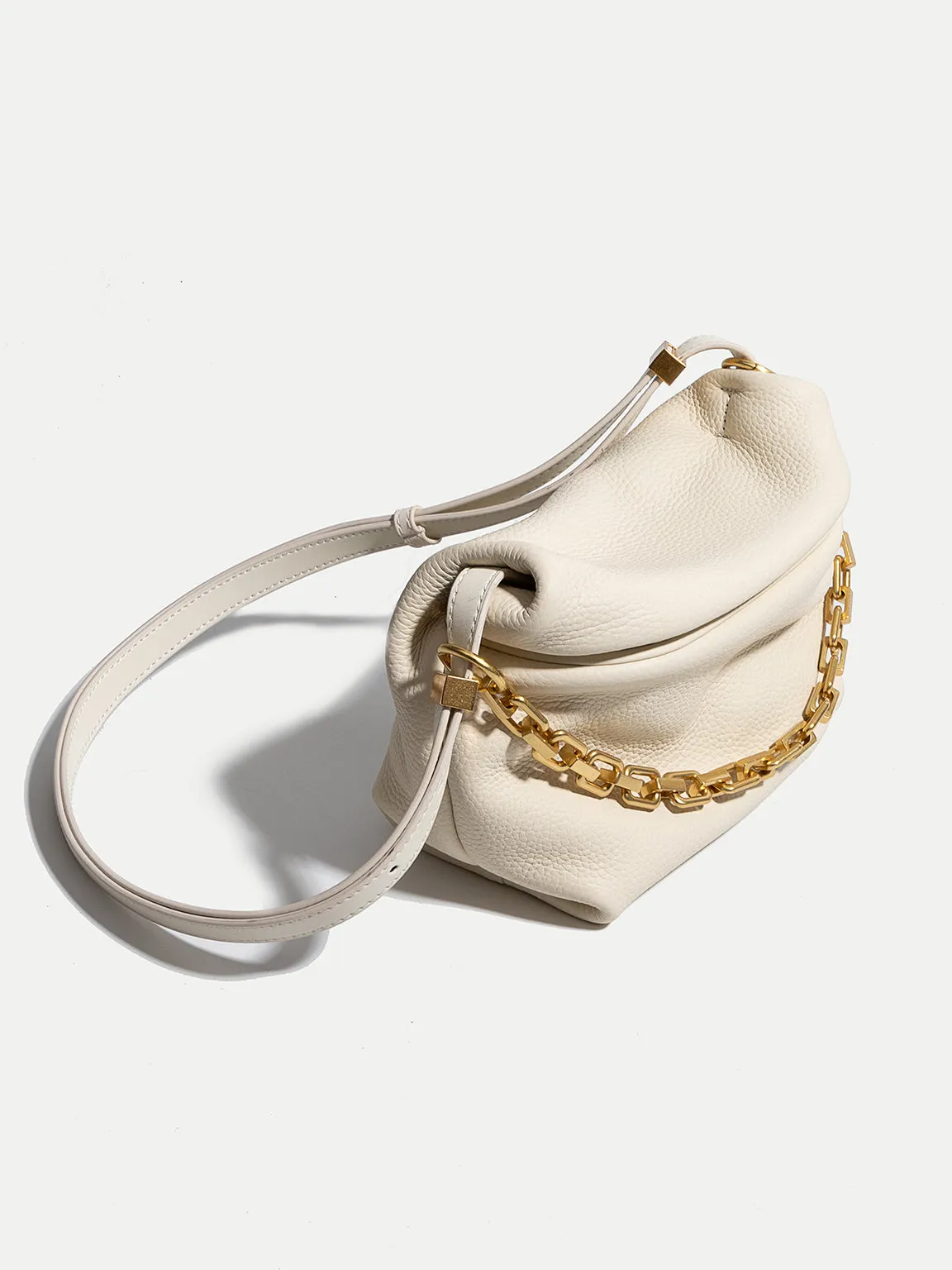Women's Puffy Small Leather Shoulder Bag Cloud Bucket Pouch Gold Chain
